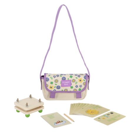 Sac d'explorateur "fleurs" pour enfant en tissu - Beige/Violet - L 23 x P 7,5 x H 12,8 cm