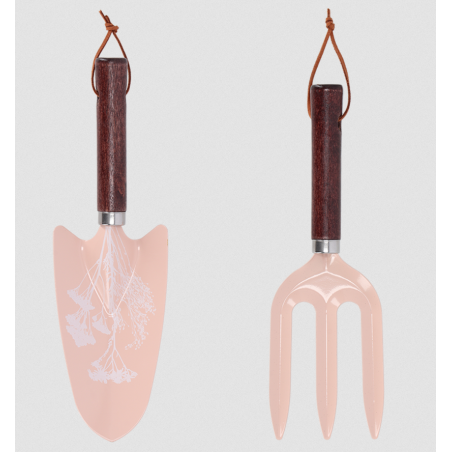 Set de 2 outils de jardinage en bois et métal - Rose - H 27 cm