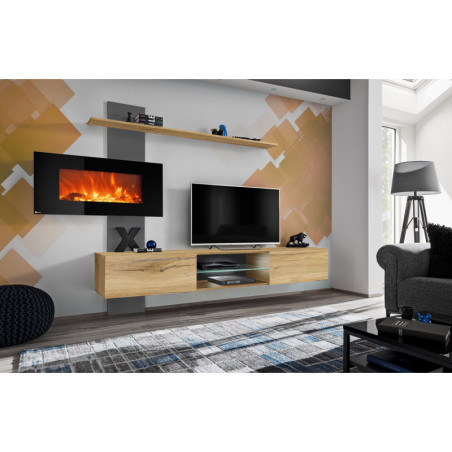 Ensemble meuble TV avec cheminée électrique "Flame E" - Beige/Noir - L 250 x H 170 x P 40 cm