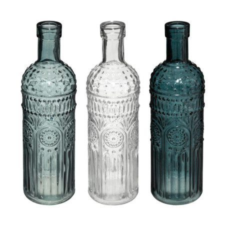 Lot de 3 vases bouteilles en verre - Bleu foncé/Bleu clair/Transparent - H 24,5 cm