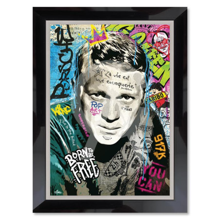 Cadre en bois avec impression en PVC vernis "Steve McQueen" - Noir/Argent - 50 x 70 cm - Collection Romaric