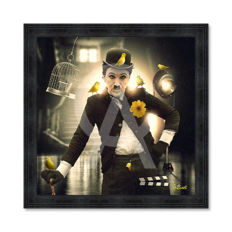 Cadre en bois avec impression en PVC vernis "Charlie Chaplin" - Noir - 100 x 100 cm - Collection Binet