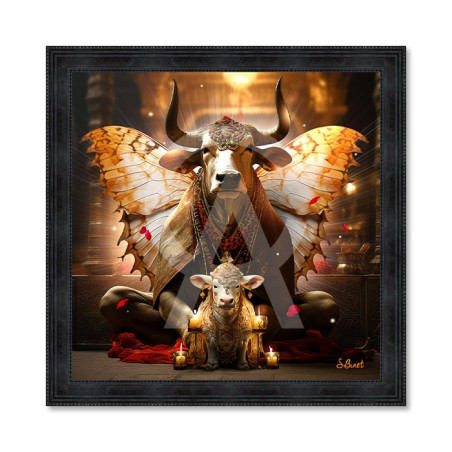 Cadre en bois avec impression en PVC vernis "Vache Hindou" - Noir - 100 x 100 cm - Collection Binet