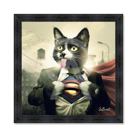 Cadre en bois avec impression en PVC vernis "Supercat" - Noir - 100 x 100 cm - Collection Binet