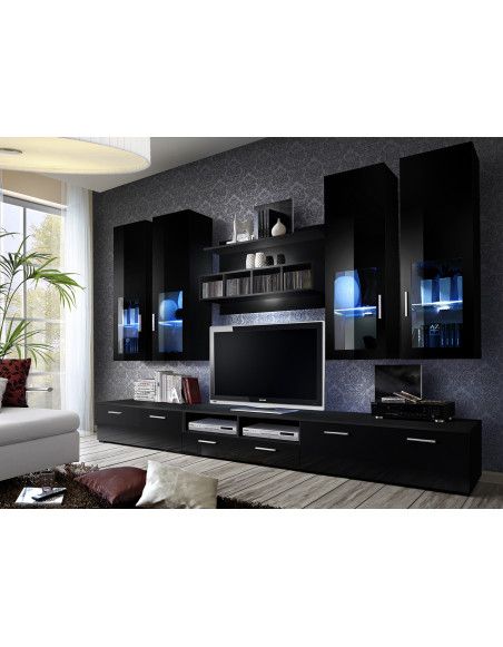 Ensemble meuble TV mural  - LYRA NIGHT - 300 cm  x 190 cm x 45 cm - Noir