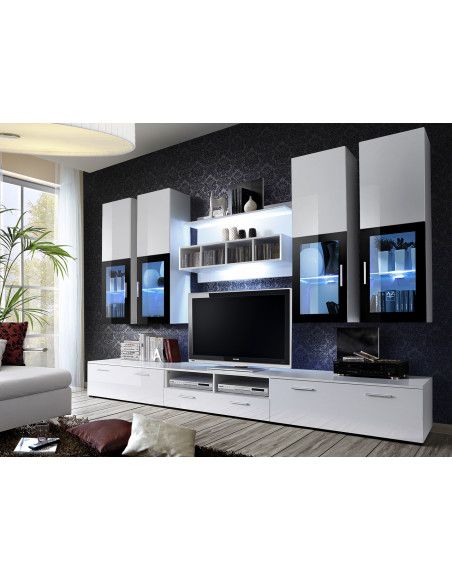 Ensemble meuble TV mural  - LYRA - 300 cm  x 190 cm x 45 cm - Blanc