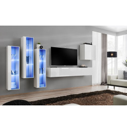 Meuble TV suspendu 2 portes 2 niches blanc ROMANE XL - 140 cm