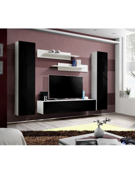 Ensemble meuble TV mural  - Fly II - 260 cm x 190 cm x 40 cm - Blanc et noir