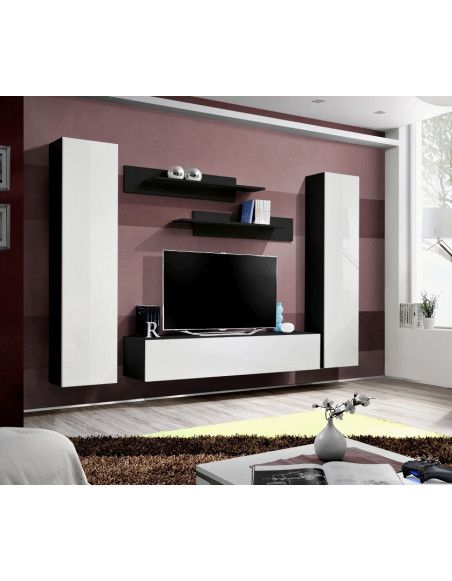 Ensemble meuble TV mural  - Fly I - 260 cm x 190 cm x 40 cm - Noir et blanc