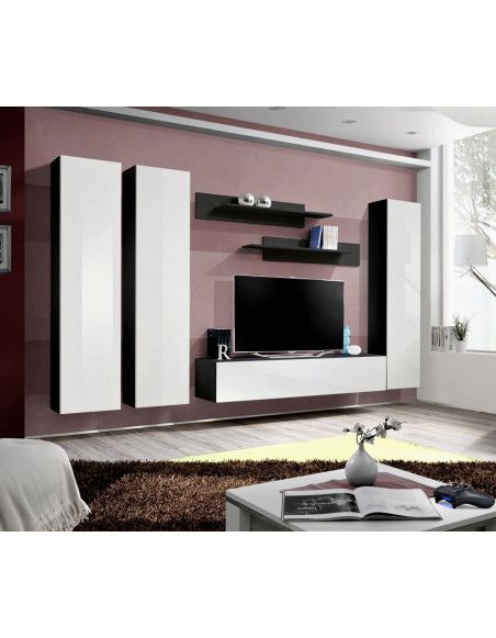 Ensemble meuble TV mural  - Fly I - 310 cm x 190 cm x 40 cm - Noir et blanc
