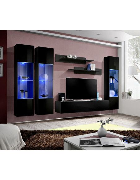Ensemble meuble TV mural  - Fly II - 310 cm x 190 cm x 40 cm - Noir