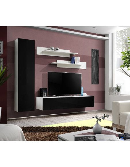 Ensemble meuble TV mural  - Fly I - 210 cm x 190 cm x 40 cm - Blanc et noir