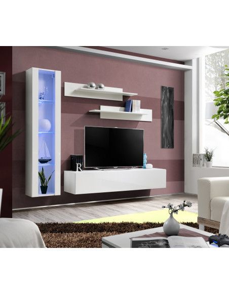 Ensemble meuble TV mural  - Fly II - 210 cm x 190 cm x 40 cm - Blanc