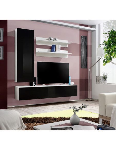 Ensemble meuble TV mural  - Fly III - 160 cm x 170 cm x 40 cm - Blanc et noir