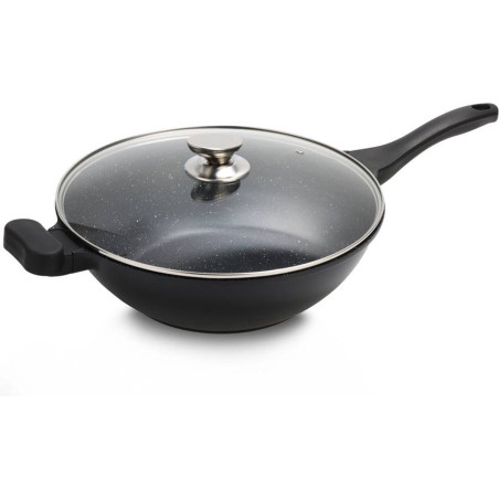Wok  avec couvercle - Revêtement effet Marbre - D 32 cm - Noir