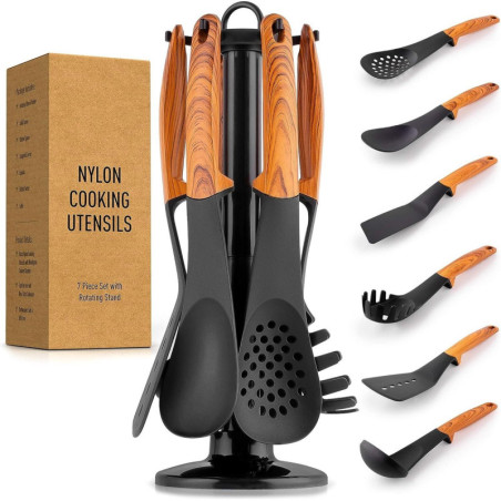 Set de 6 ustensiles de cuisine avec support rotatif - Manches aspect bois - Noir/Marron - H 36 cm