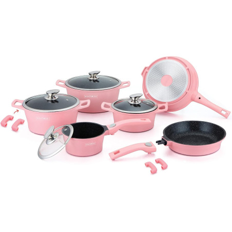 Batterie de cuisson complète effet marbre - 17 pièces - Tous feux - Rose