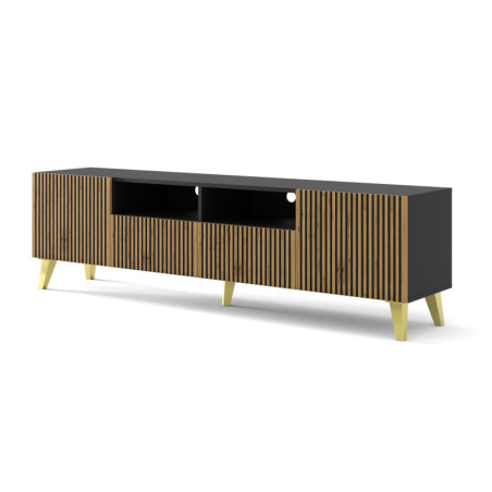 Meuble TV à 2 portes + 2 tiroirs avec pieds doré "Ravenna" - Marron/Noir - L 200 cm