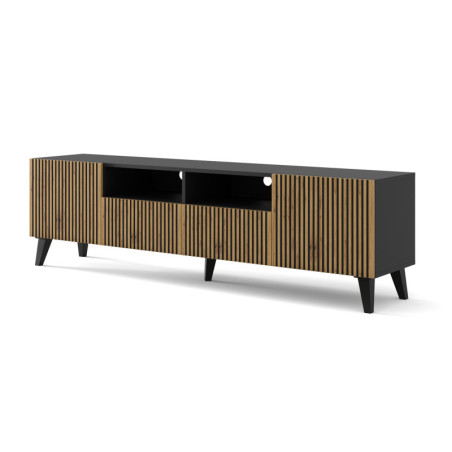 Meuble TV à 2 portes + 2 tiroirs avec pieds noir "Ravenna" - Marron/Noir - L 200 cm