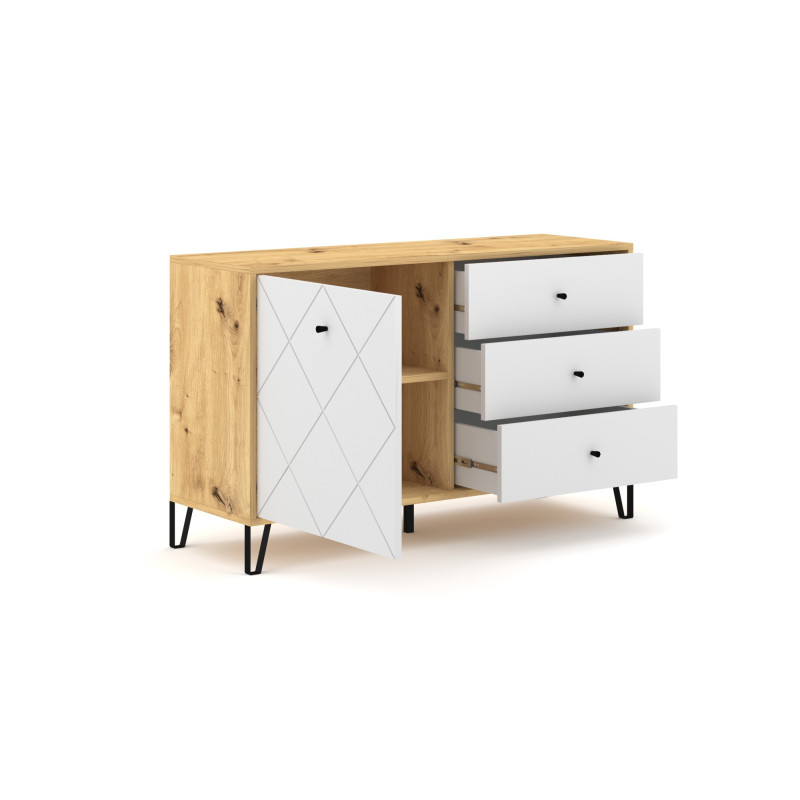 Buffet en bois Bilbao à 1 porte + 3 tiroirs - Beige/Blanc - H 75 cm