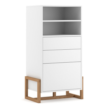 Commode haute en bois "Oslo" à 1 porte + 2 tiroirs + 1 niche - Blanc/Beige - H 116 cm