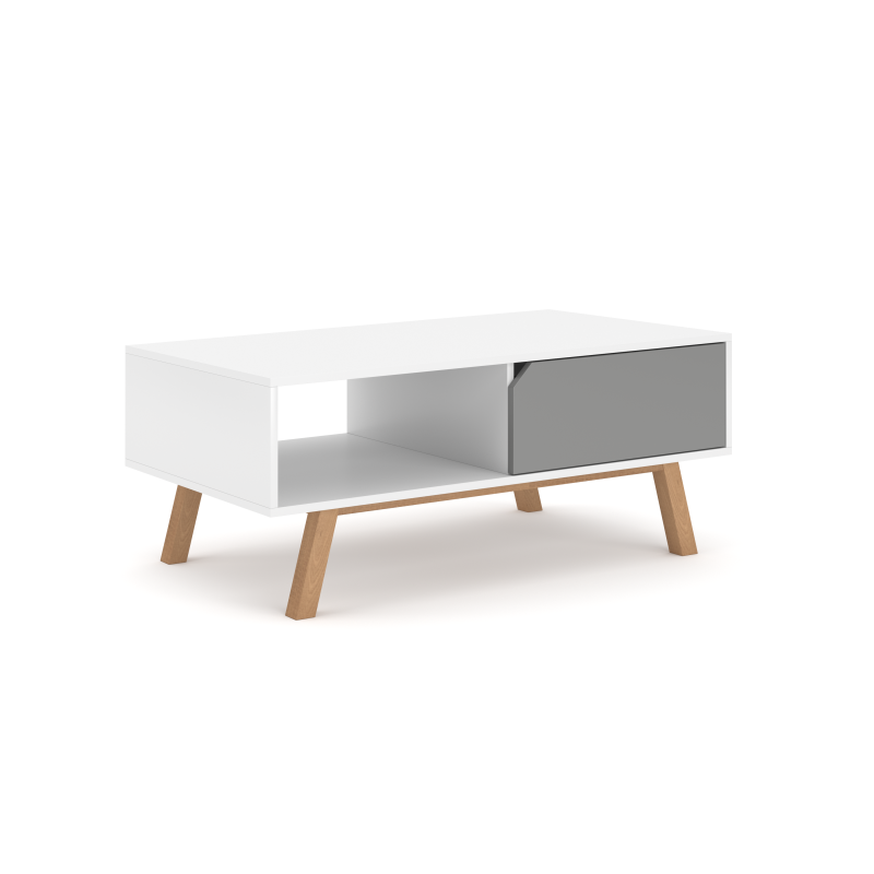 Table basse en bois Tokio à tiroir + 1 niche - Blanc mat/Gris mat - L 110 x P 60 cm