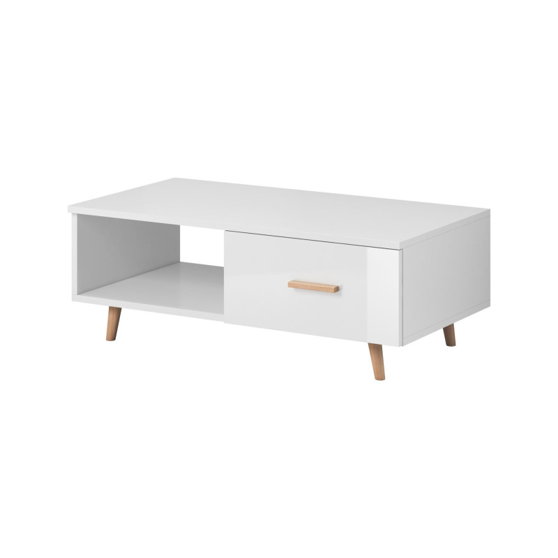 Table basse en bois Sweden avec tiroir + niche - Blanc mat/Blanc brillant - L 110 cm