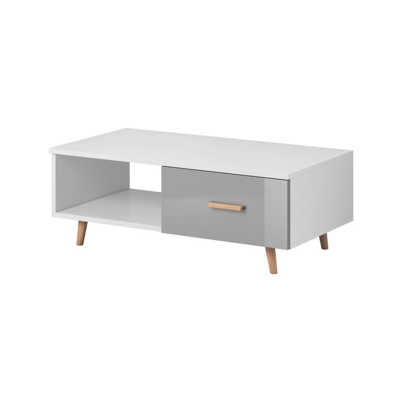 Table basse en bois Sweden avec tiroir + niche - Blanc mat/Gris brillant - L 110 cm
