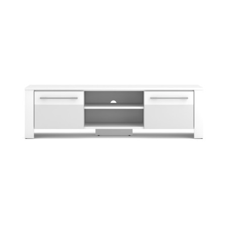 Meuble TV en bois "Manhattan" à 2 portes + 2 niches - Blanc/Blanc brillant - L 140 cm
