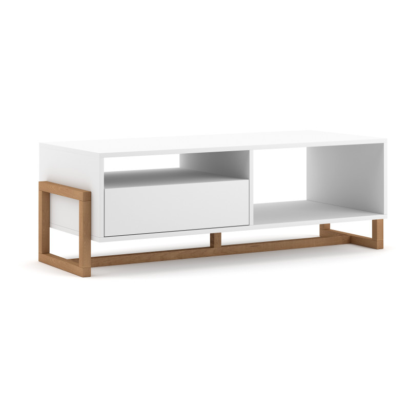 Table basse en bois Oslo à 1 tiroir + 2 niches - Blanc mat/Beige - L 119 cm