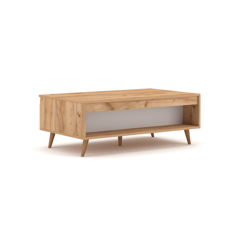 Table basse en bois Tue à 2 tiroirs + 1 niche - Beige/Blanc mat - L 100 cm