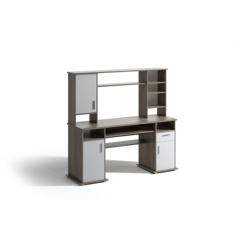 Grand bureau multi-rangements - Couleur Chêne gris / Blanc mat - L 160 cm x P 53 cm
