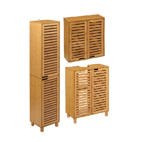 Ensemble de salle de bain avec meuble sous lavabo + meuble haut + colonne en bambou - Cirila