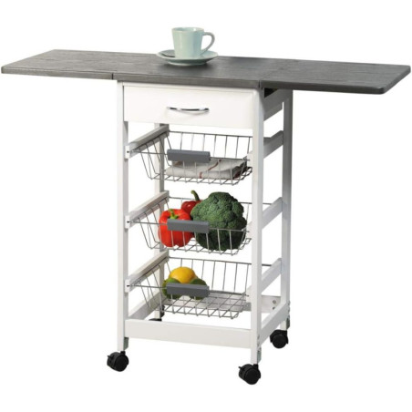 Chariot de cuisine à 3 compartiments + tiroir + plateau pliant - Blanc/Gris - H 76,5 cm