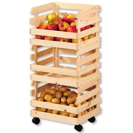 Chariot de cuisine en bois à 3 compartiments - Beige - H 80 cm