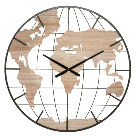 Horloge monde en métal et bois "Jay" - Beige/Noir - D 90 cm