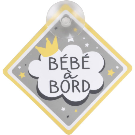 Pancarte pour voiture à ventouse "Bébé à bord" - Gris/Jaune - 12.5 x 12.5 cm