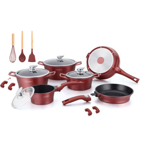 Batterie de cuisson complète poignées amovibles - Revêtement effet marbre - 20 pièces - Tous feux - Rouge bordeaux