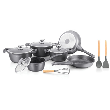 Batterie de cuisson complète effet marbre - 13 pièces - Tous feux - Gris argenté