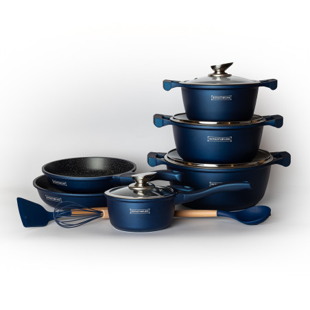 Batterie de cuisson complète effet marbre - 13 pièces - Tous feux - Bleu