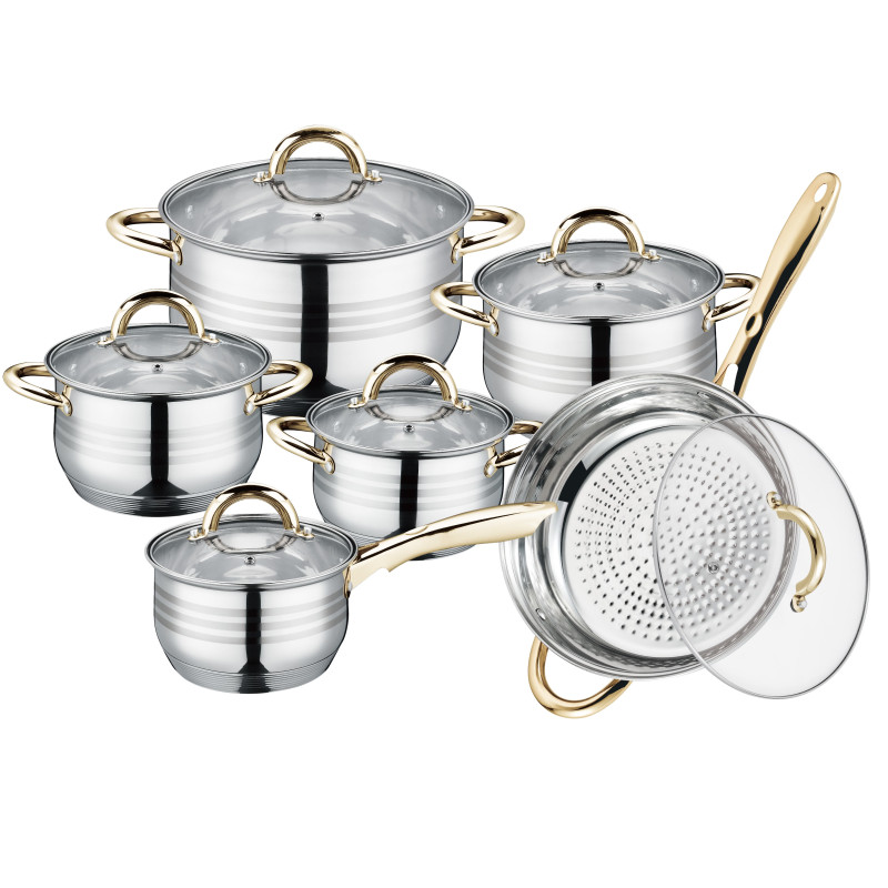 Batterie de cuisson complète en acier inoxydable - 12 pièces - Tous feux - Couleur or et argent