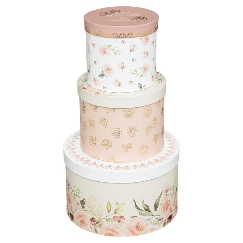 Lot de 3 boîtes rondes Princesse en papier et carton - Rose - D 25 x P 15 cm