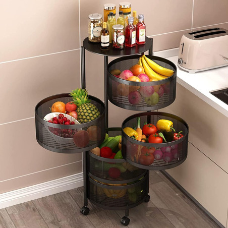Resserre 5 paniers rotatifs sur roues en acier noir | H 90 cm x D 30 cm | Etagère de rangement cuisine, salle de bain, bureau