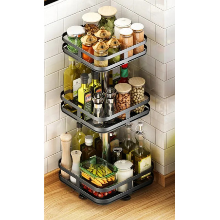 Etagère rotative multirangements H 59 cm x L 24 cm : épices, boîtes, flacons | Support carré 3 niveaux | Noir