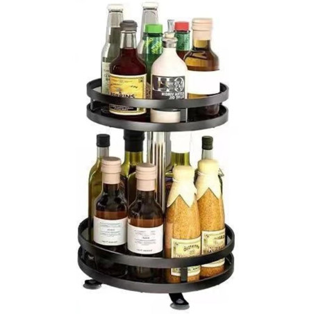 Etagère rotative multirangements H 43,5 cm x D 26 cm : épices, boîtes, flacons | Support rond 2 niveaux | Noir