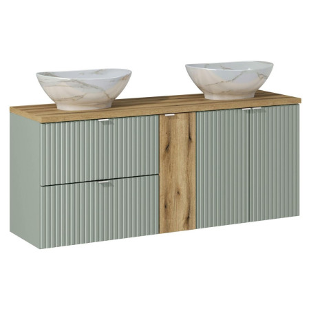 Meuble double vasques à poser 140 cm + rangement central - A portes et tiroirs - Vert Roseau