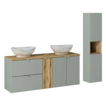 Meuble double vasques à poser 140 cm + rangement + colonne- A portes et tiroirs - Vert Roseau