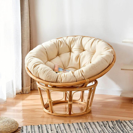 Fauteuil Papasan En Rotin Beige - D110 Cm - Intérieur/Extérieur Avec Coussin
