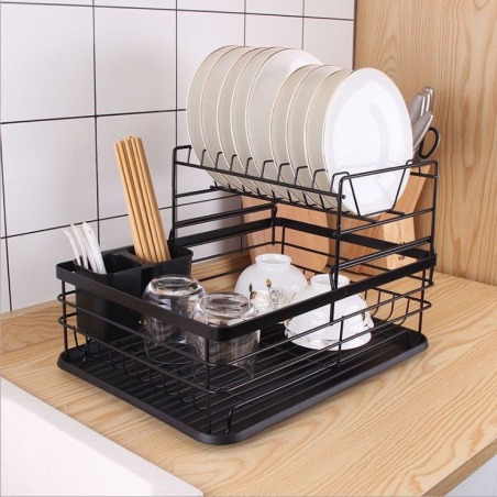 Egouttoir de cuisine modulable double niveau avec plateau - Grande contenance - Métal épais noir