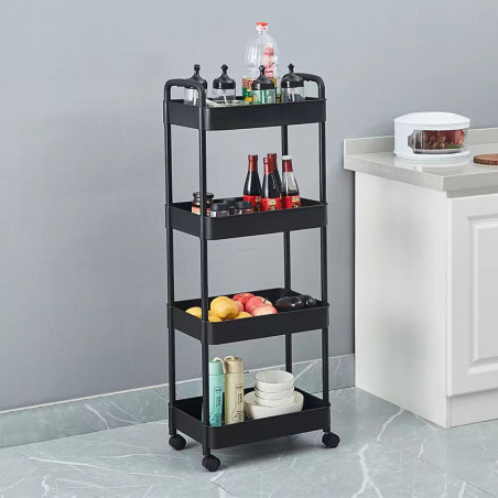 Desserte à roulettes noire | Chariot de cuisine roulant 4 niveaux | H 119 x L 41 x P 28,5 cm | Etagère toutes pièces